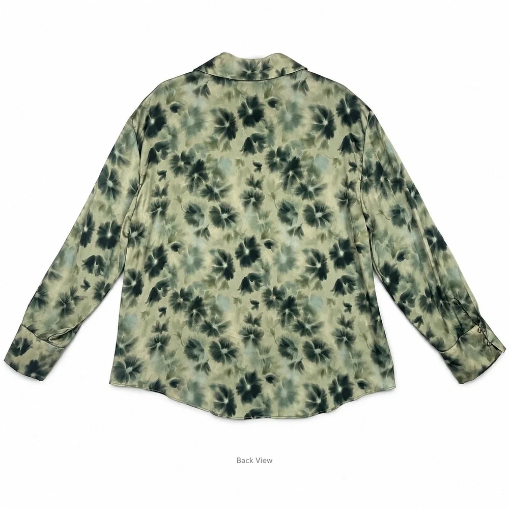ZARA Green Floral Watercolor Satin Blouse Long Sleeve Button Up Shirt Top NNT